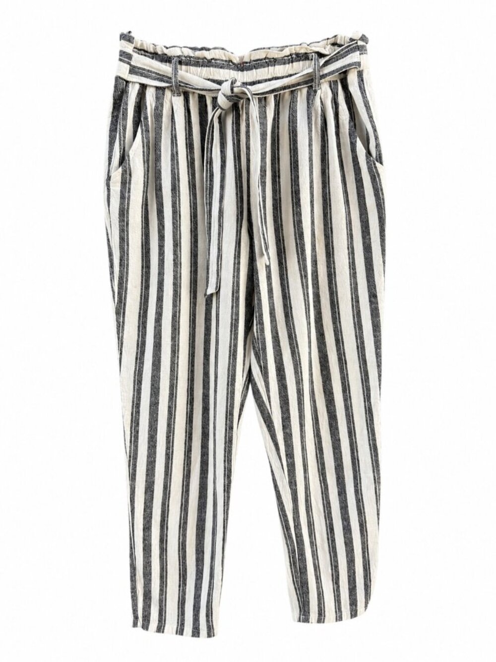 Jolt Linen Blend Striped Paperbag Pants Women Small Gray White Tie Waist Cropped